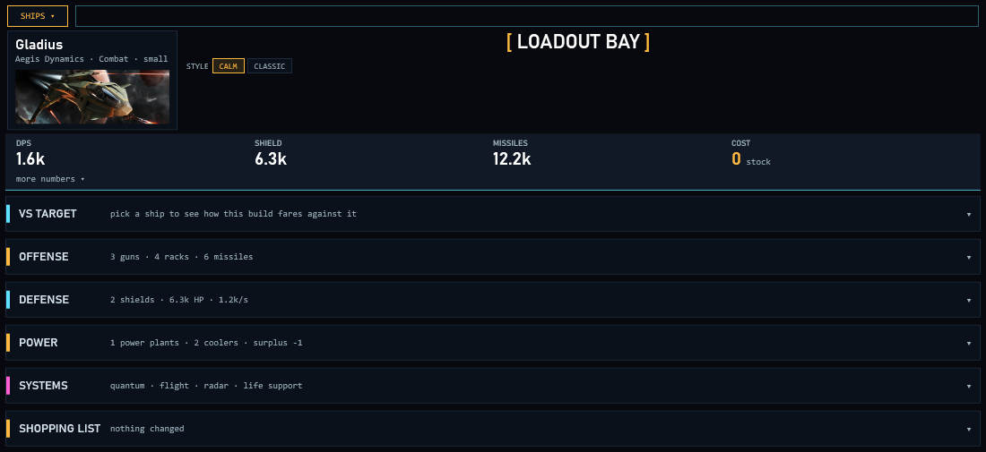 The Loadout Bay panel for a Gladius with DPS, shield, missiles and cost, and collapsible offense, defense, power and systems sections