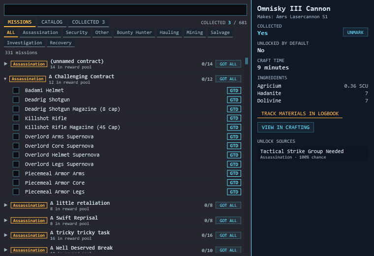 Native overlay Blueprints tracker listing missions and their reward pools
